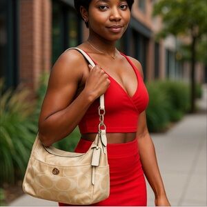 Coach Auth Hampton Shoulder Bag Golden Yellow Scribble Fabric Leather beige